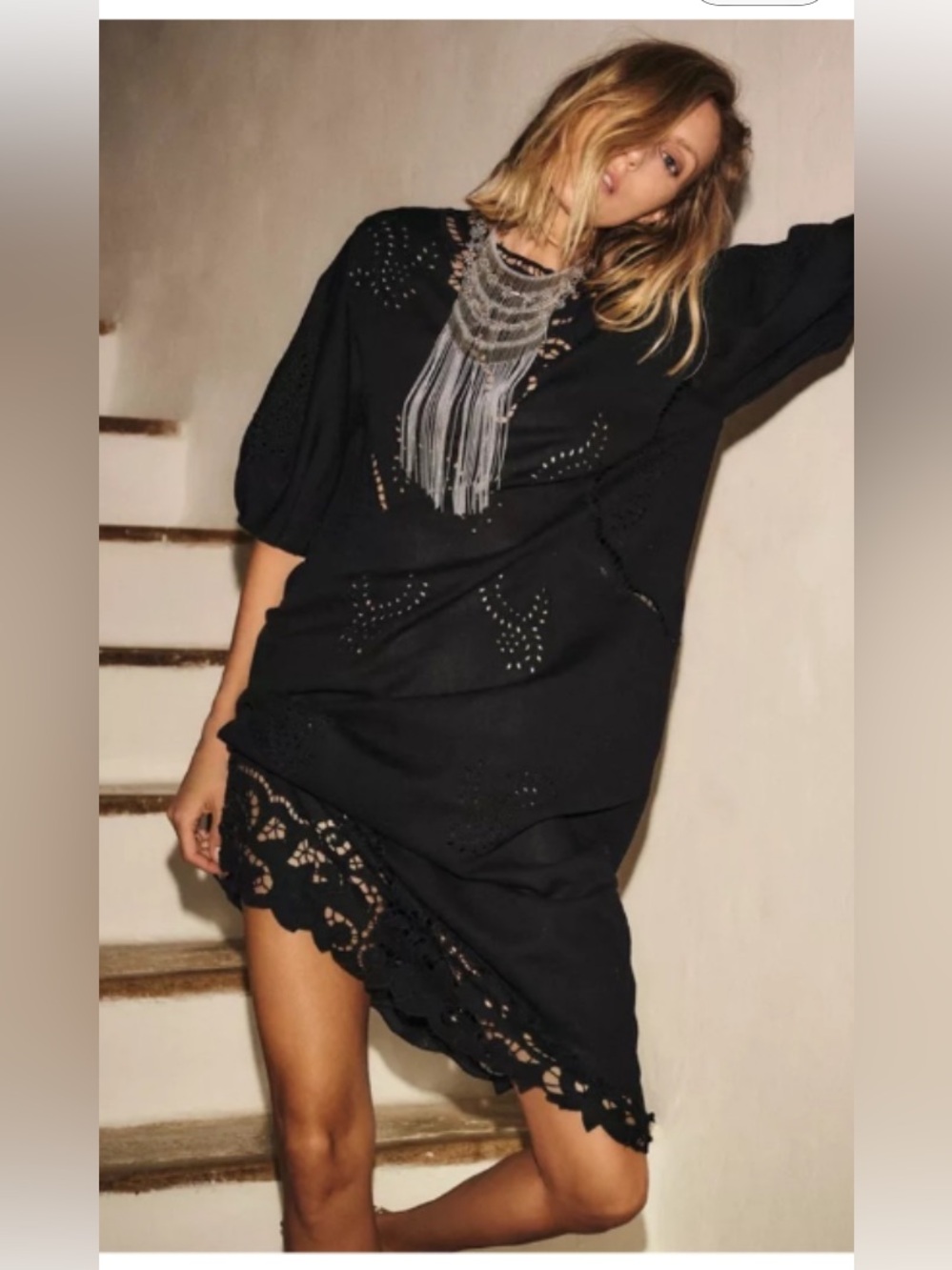 Zara Woman Collection Black  Broderie Anglaise Midi Dress NWT XSmall
